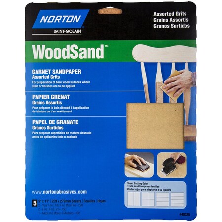 Norton Abrasives WoodSand 11 in. L X 9 W Assorted Grit Aluminum Oxide Sandpaper 5PK 07660748025
